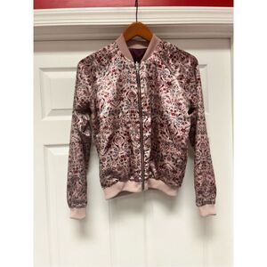 Pink & Burgundy Satin Floral Reversible Baseball Jacket sz M EUC